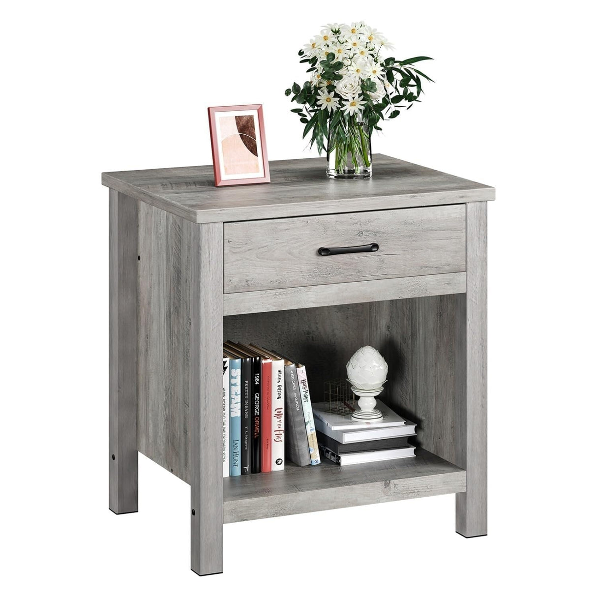 Farmhouse Square Nightstand, Bedside Table with Drawer Grey