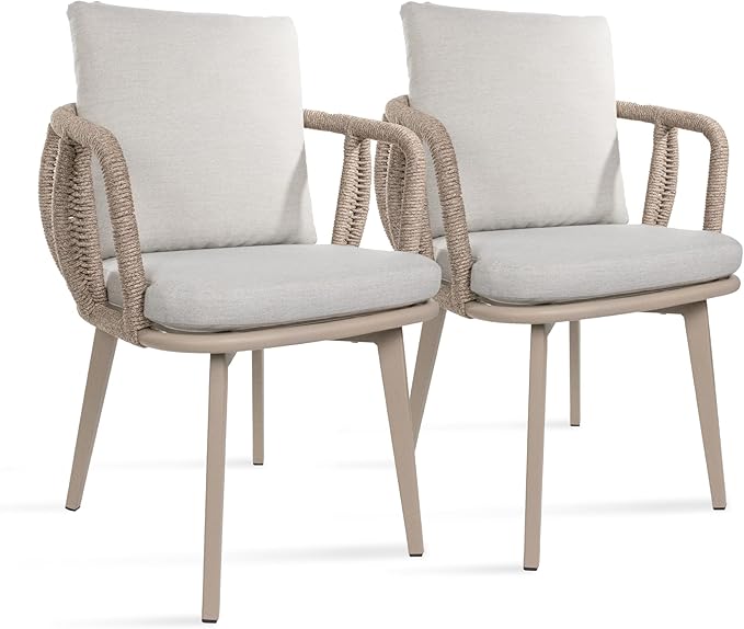 2 pcs Aluminum Woven Dining Chairs: Handwoven Rope Patio Dining Chair