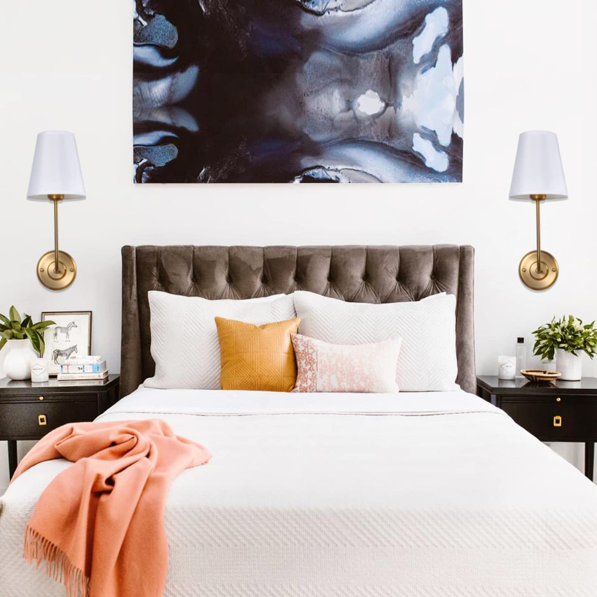 Hardwired Wall Sconce with Flared Shape White Textile Shade Curved Arm and Antique Brass Finish Metal Base