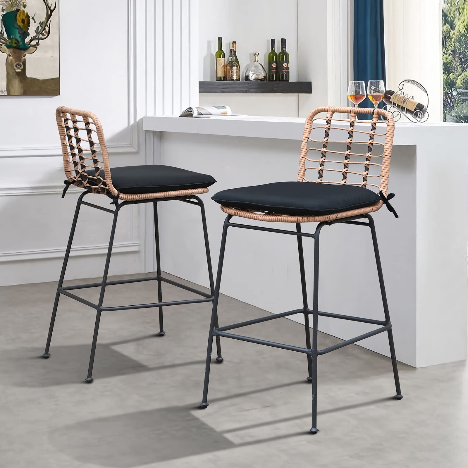 Outdoor Bar Stools Set of 2, Patio Counter Height Stools & Bar Chairs w/Footrest