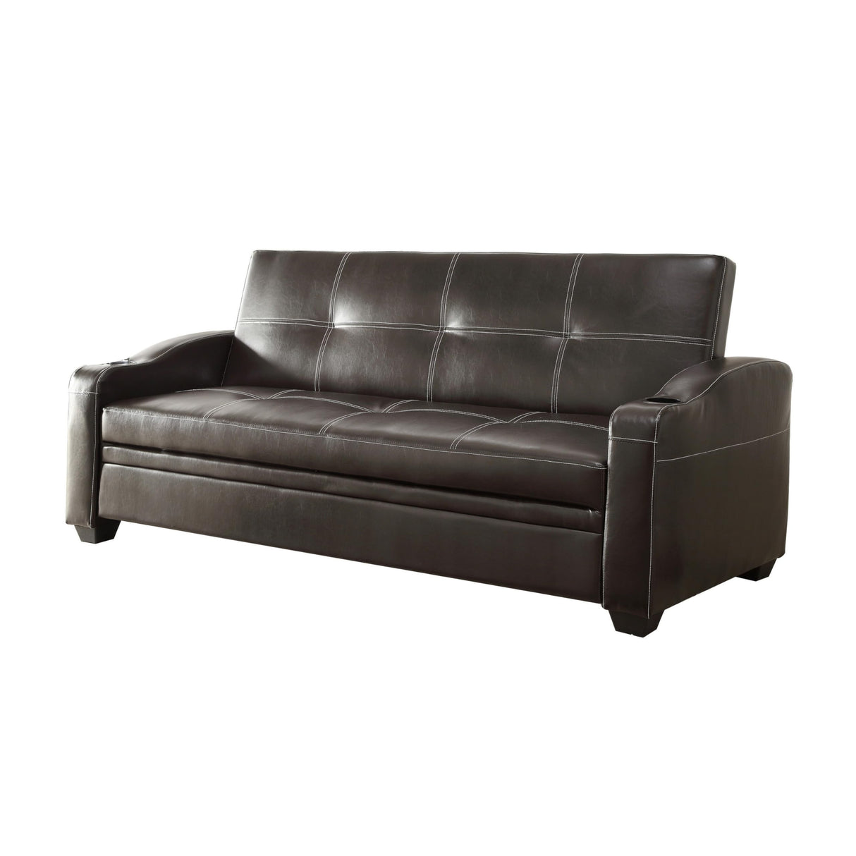83 Inch Lounger Sofa Bed, Tufted Faux Leather, Solid Wood, Brown and Black