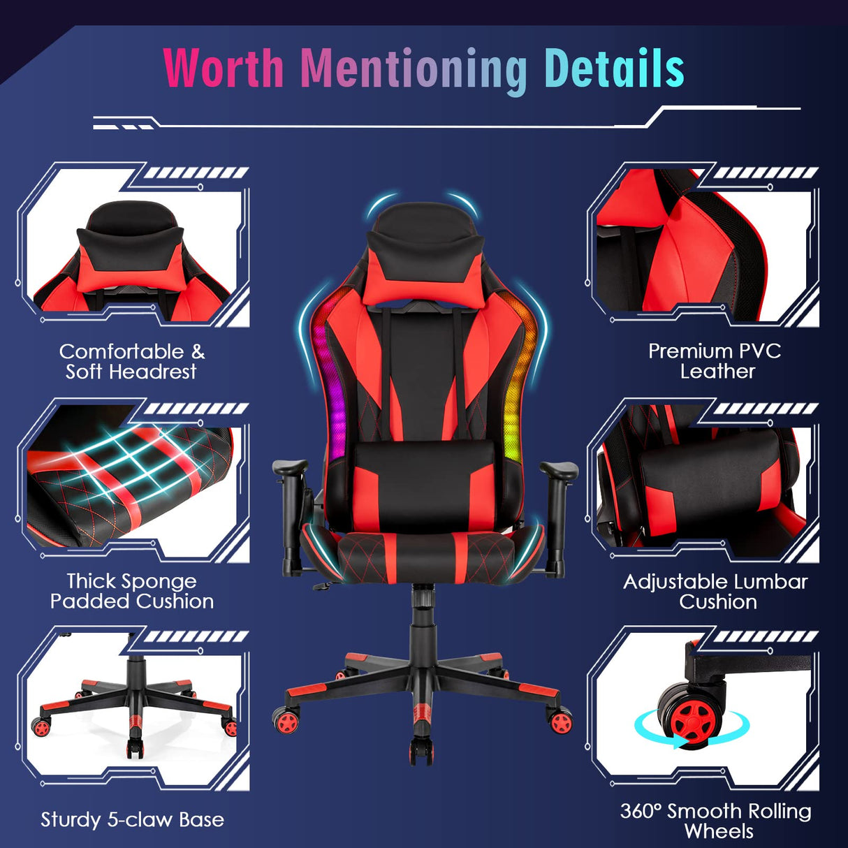 RGB LED Gaming Chair - Ergonomic High Back PVC Leather E-Sport Computer Chair with Lumbar Support