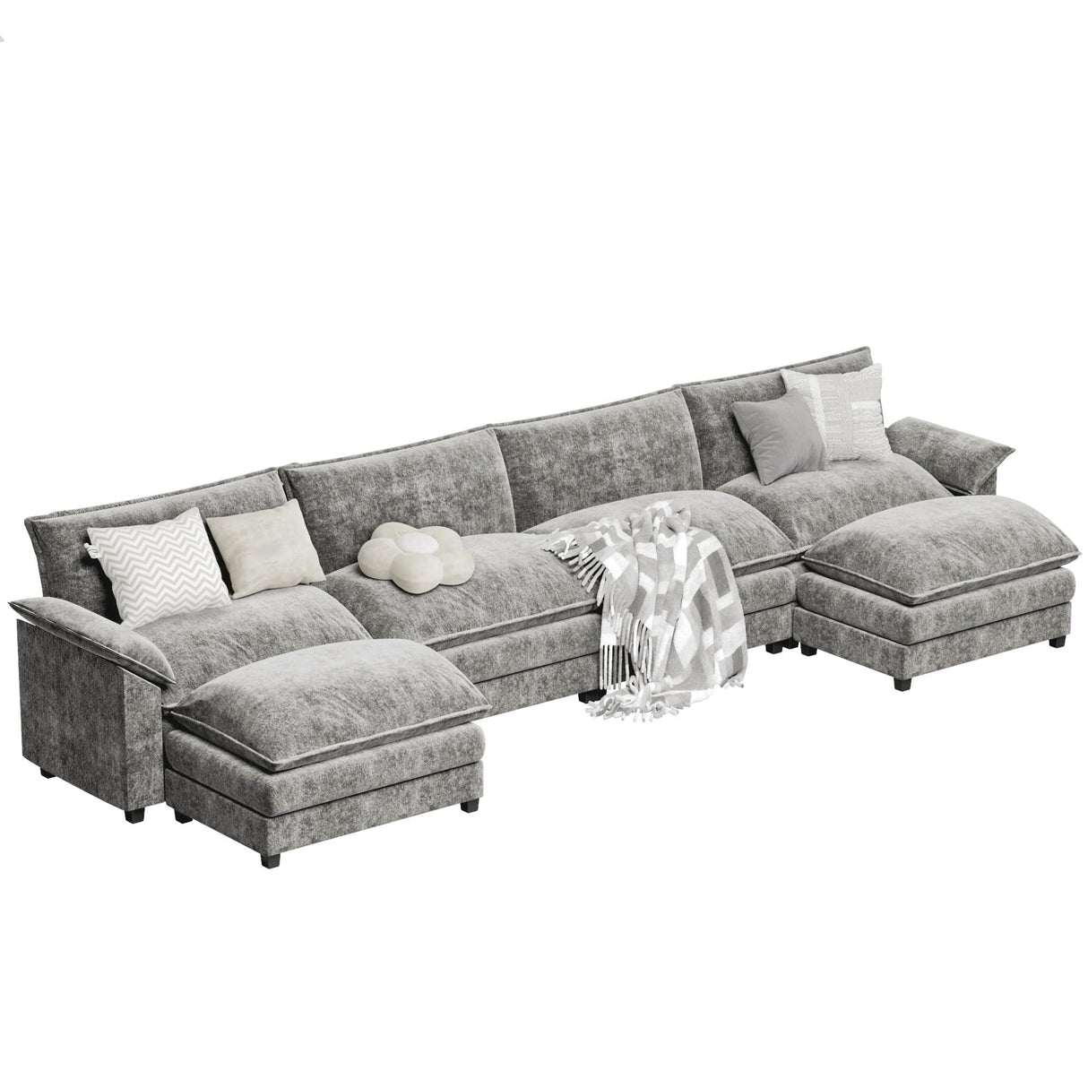 Modern Convertible Sofa U Shaped Couch, Fabric 6 Seat Sofa Set