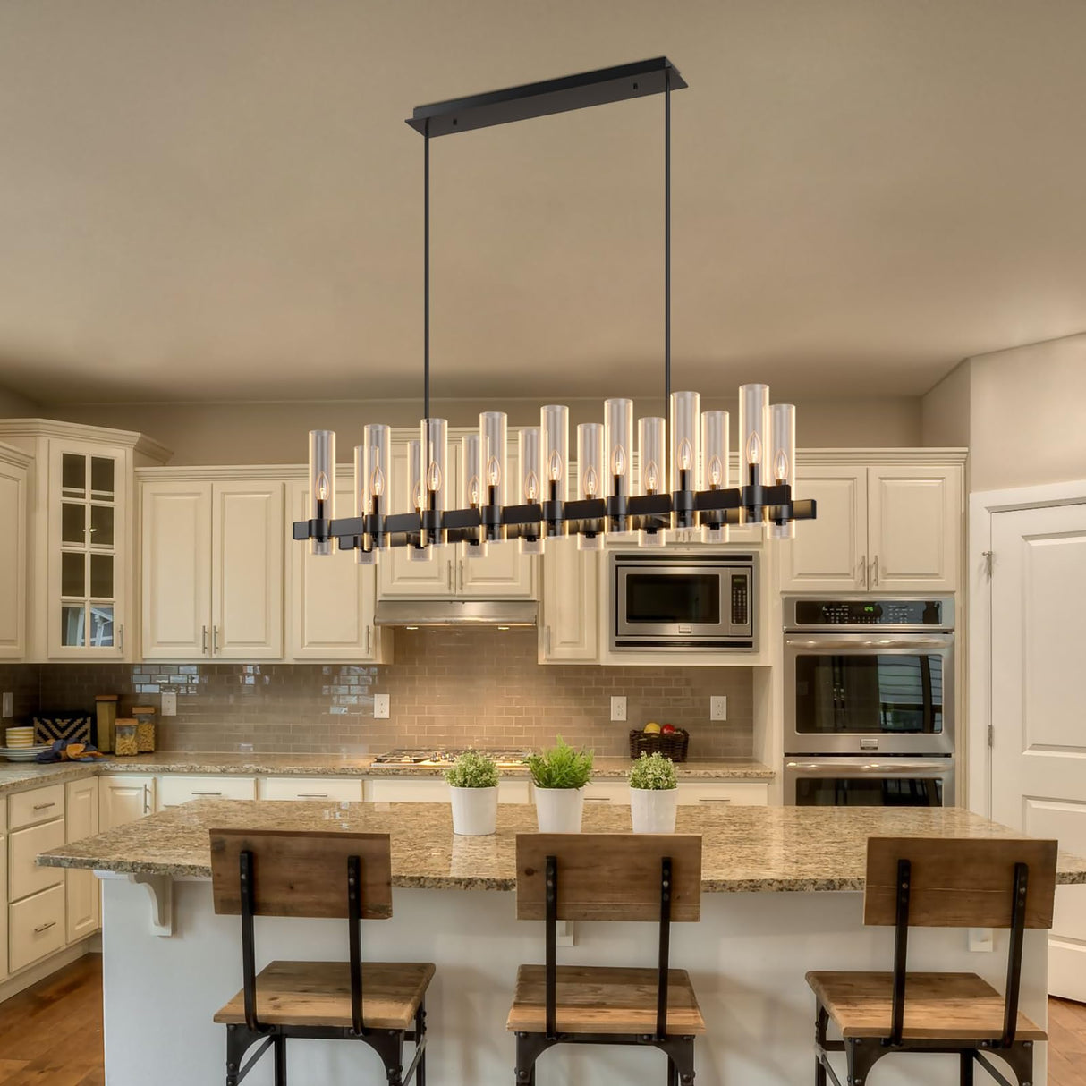 54 Inch Black Chandelier Linear with Clear Glass Shade
