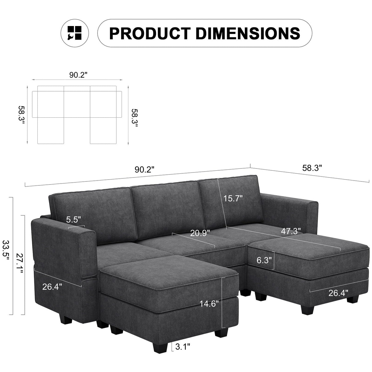 Belffin Modular Sectional Sofa Fabric U Shaped Couch Double Chaise Sectional Couch Convertible Ottoman Sofa with Storage Dark Grey