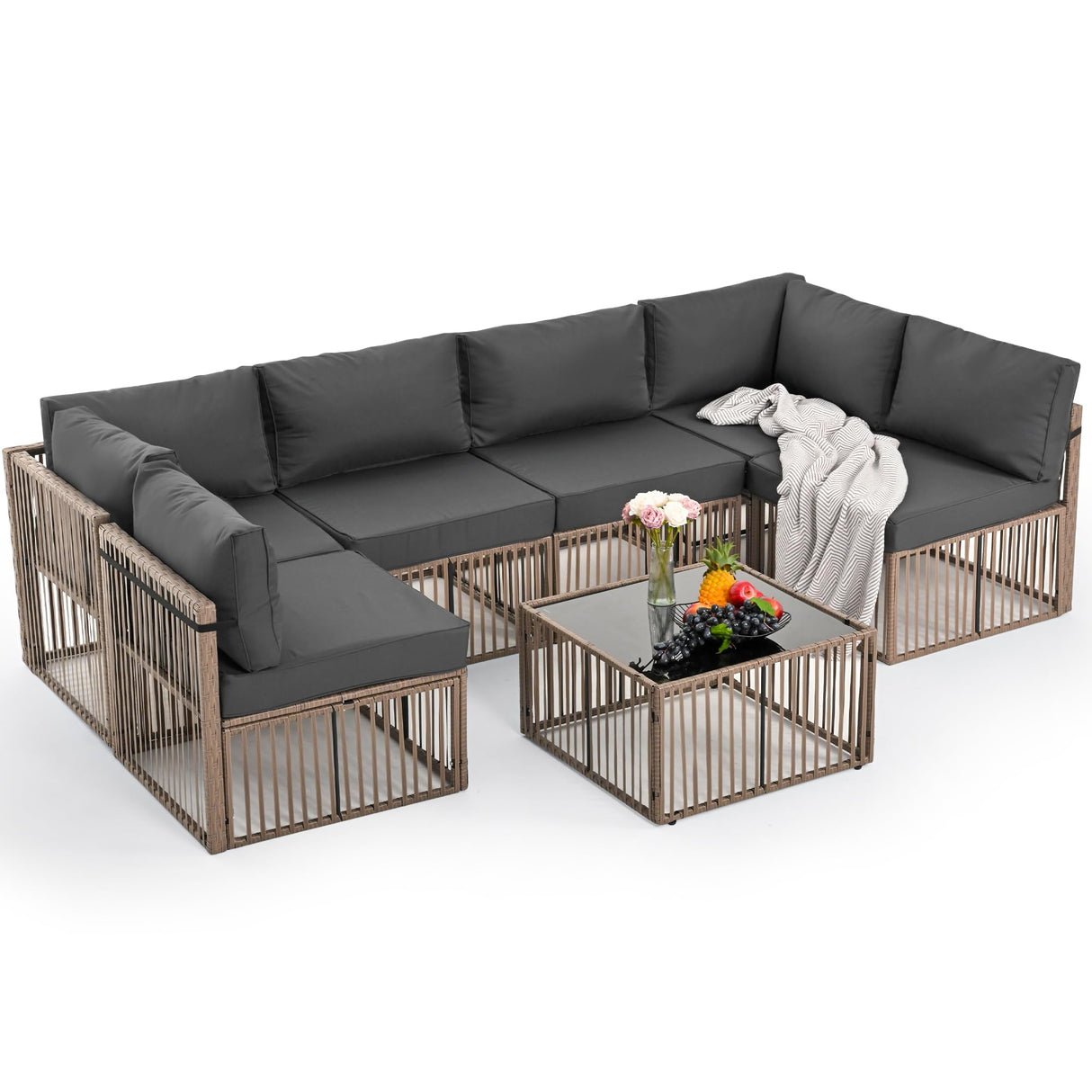 7 Pieces Outdoor Sectional Set, All-Weather PE Rattan Patio Conversation Set
