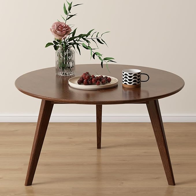 100% Solid Oak Wood Mini Coffee Table, Round Cofffe Table Side Table w/Solid Wood Legs, Walnut Mid Century Coffee Table Sturdy