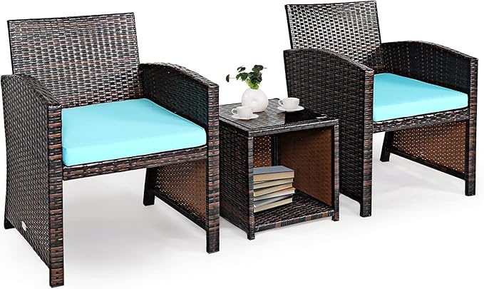 3-Piece Outdoor PE Rattan Furniture Set, Patio Conversation Set w/Chair & Storage Coffee Table