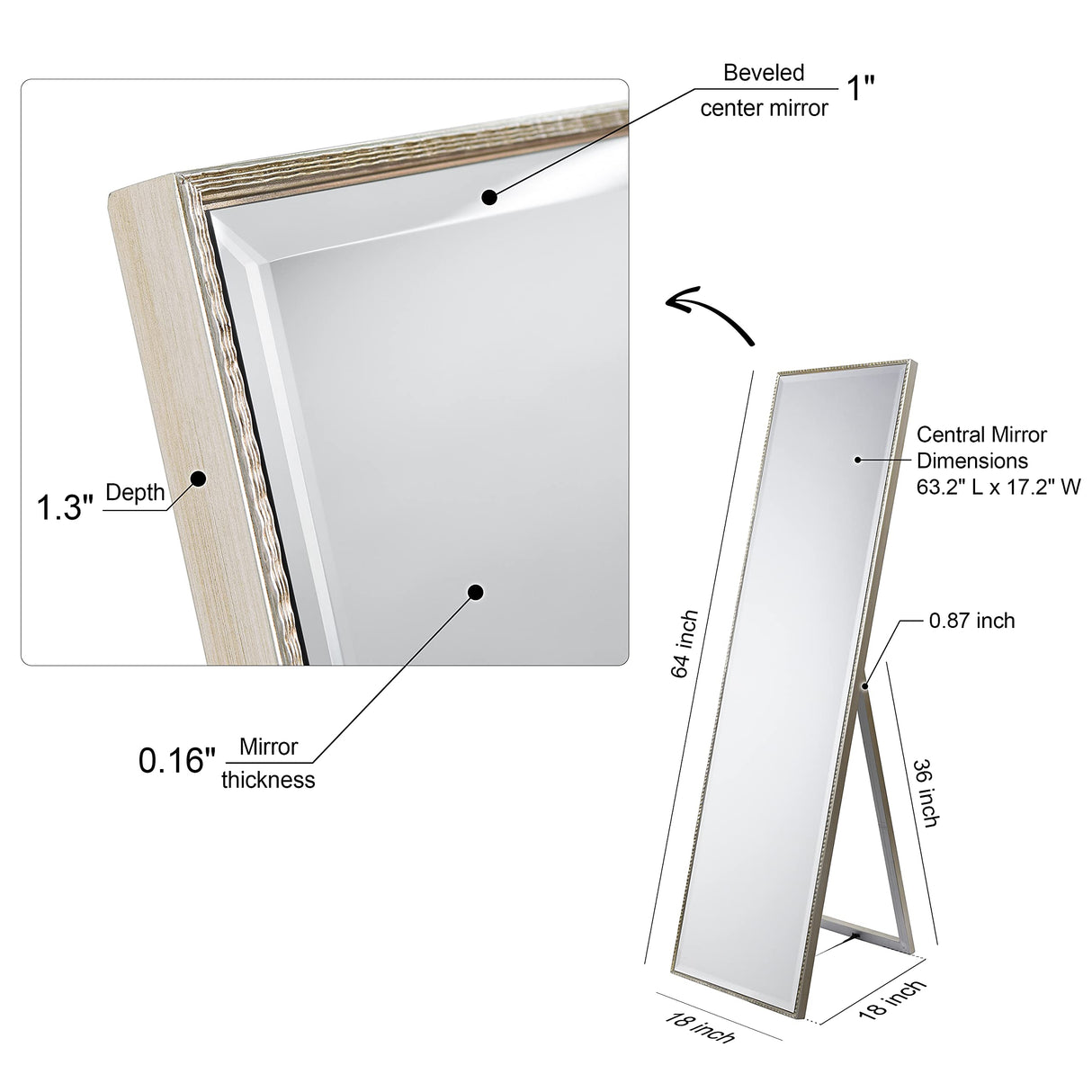Empire Art Direct Traverse Modern Cheval, Floor Mirror Solid Wood Frame Covered with Beveled Clear MirrorPanel, 64" x 1.3" x 18"