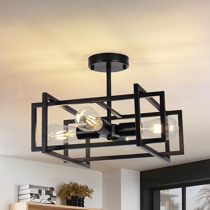 16" Semi Flush Mount 4-Light Industrial Ceiling Light, Black Chandelier