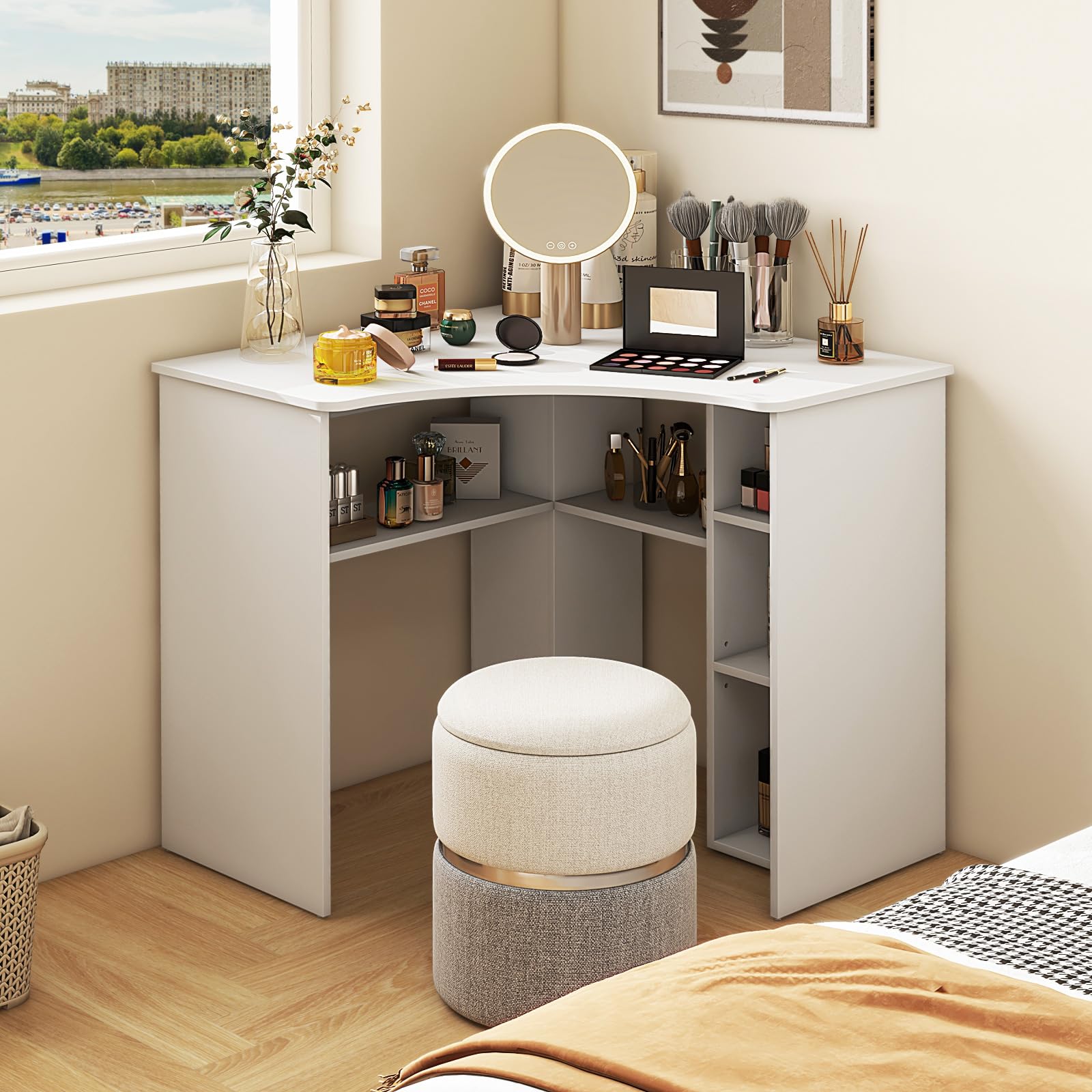 White Corner Desk with Storage Shelves, Space-Saving Triangle Study Writing Desk