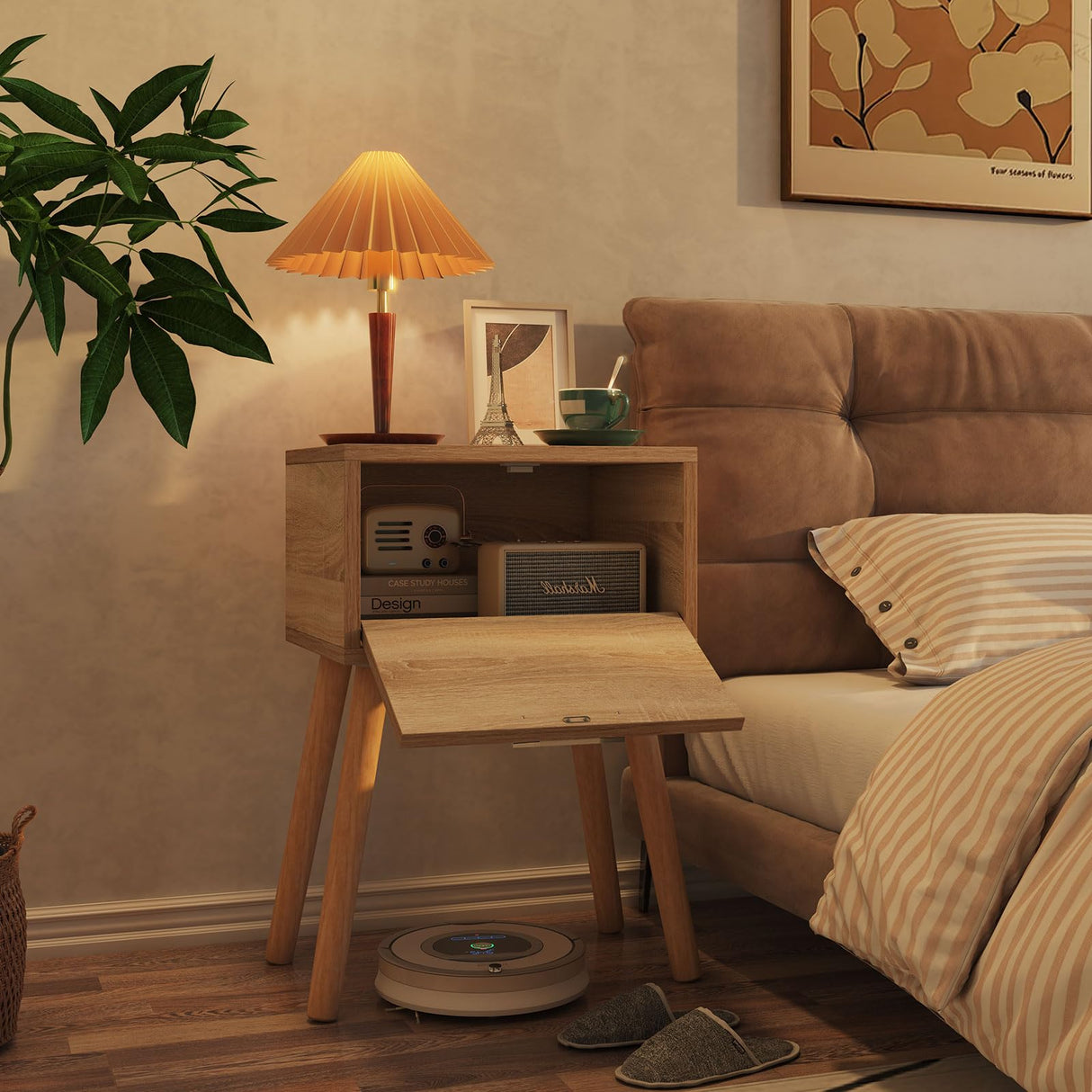 Nightstand, Small Bedside Table, Handmade Rattan Decorated Drawer, Solid Wood Legs