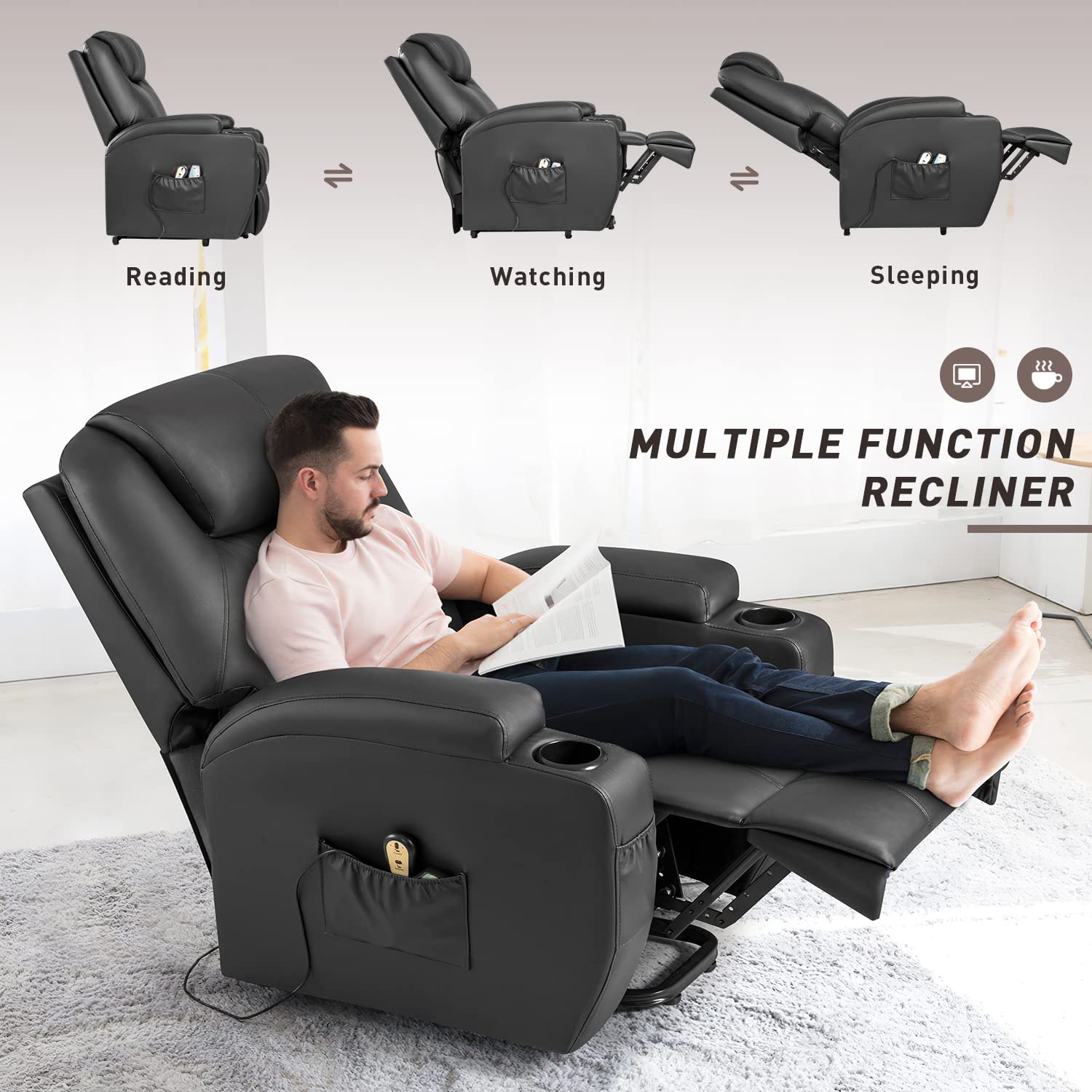 Power Lift Recliner Chair with Massage and Heating Functions, PU Leather Sofa