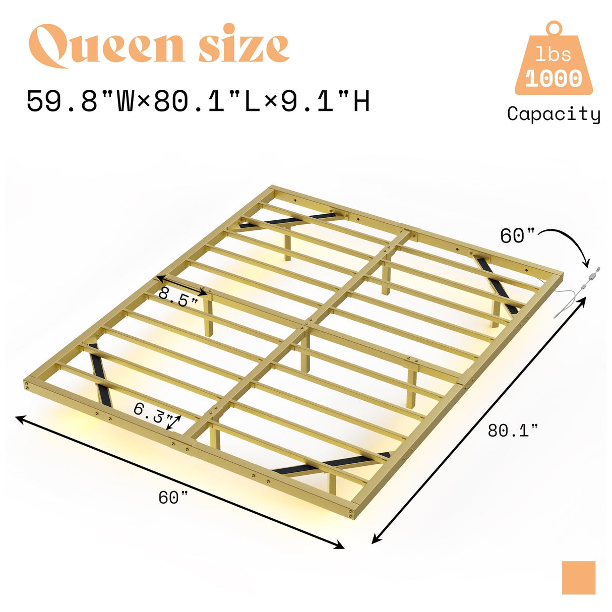 Queen Size Floating Bed Frame, Queen Bed Frame with LED Lights, Heavy Duty Metal