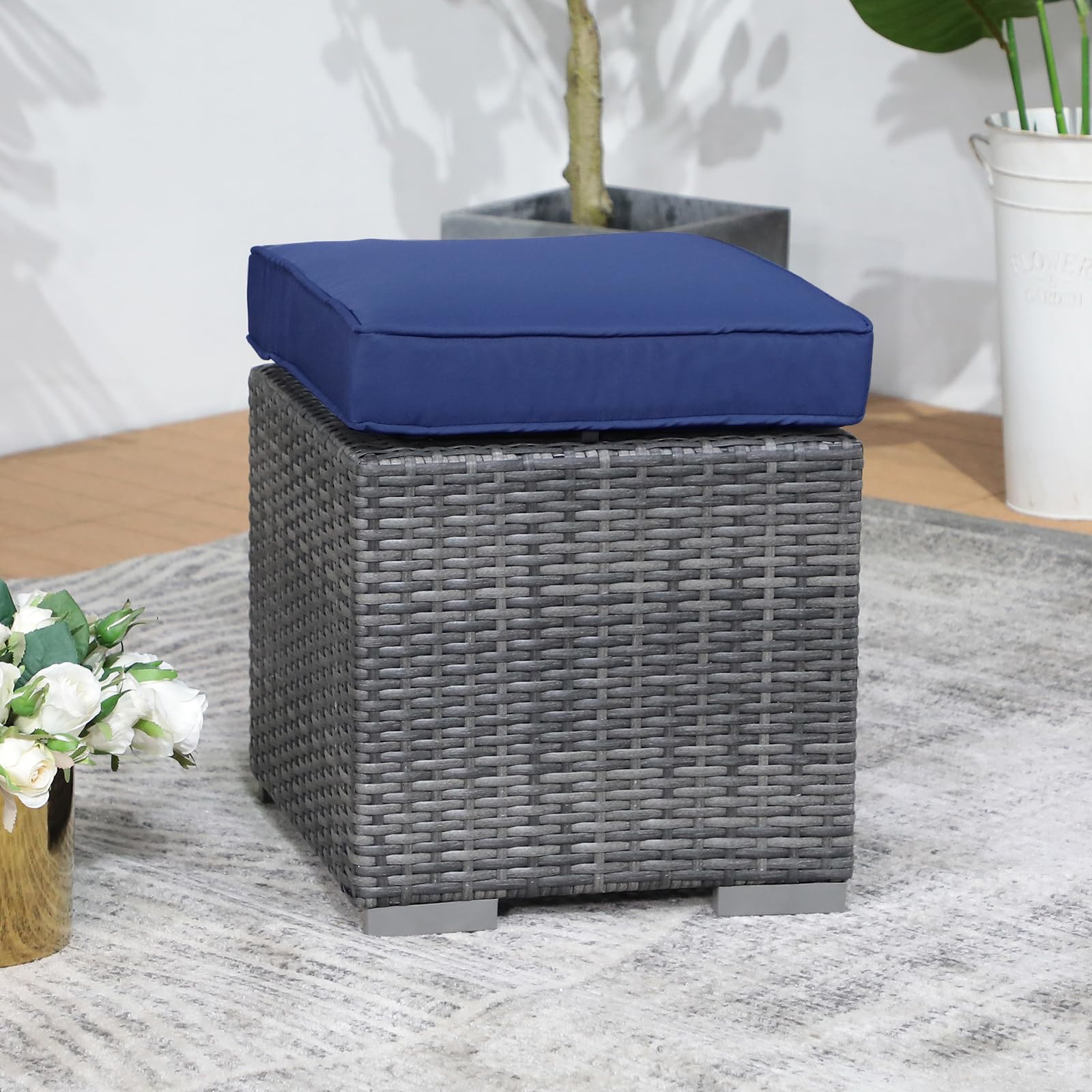2 Pieces Assembled Outdoor Patio Ottoman, Indoor Outdoor All-Weather Grey Wicker
