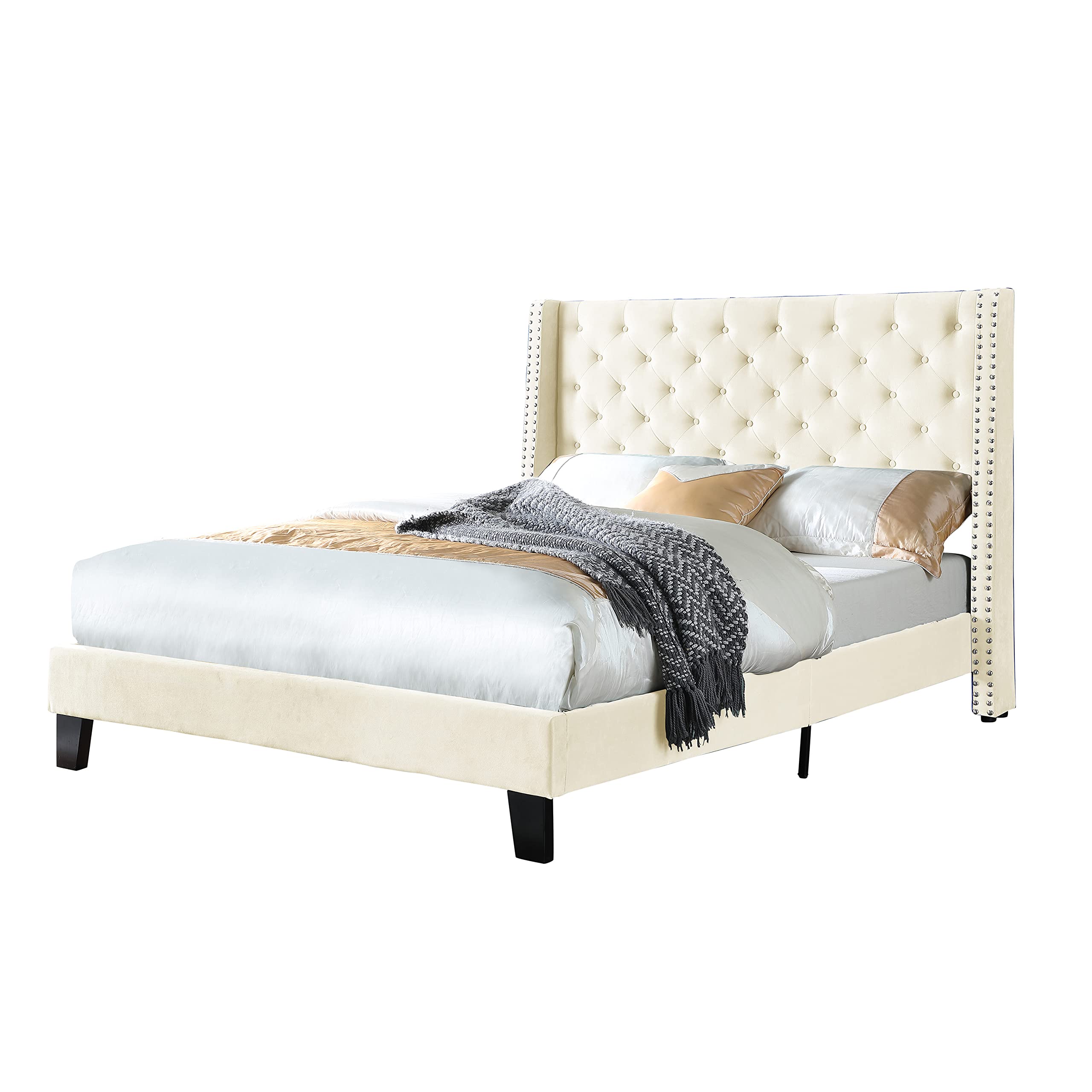 Modern Chic Tufted Platform Wingback Bed Frame with Reinforced Corner Blocked