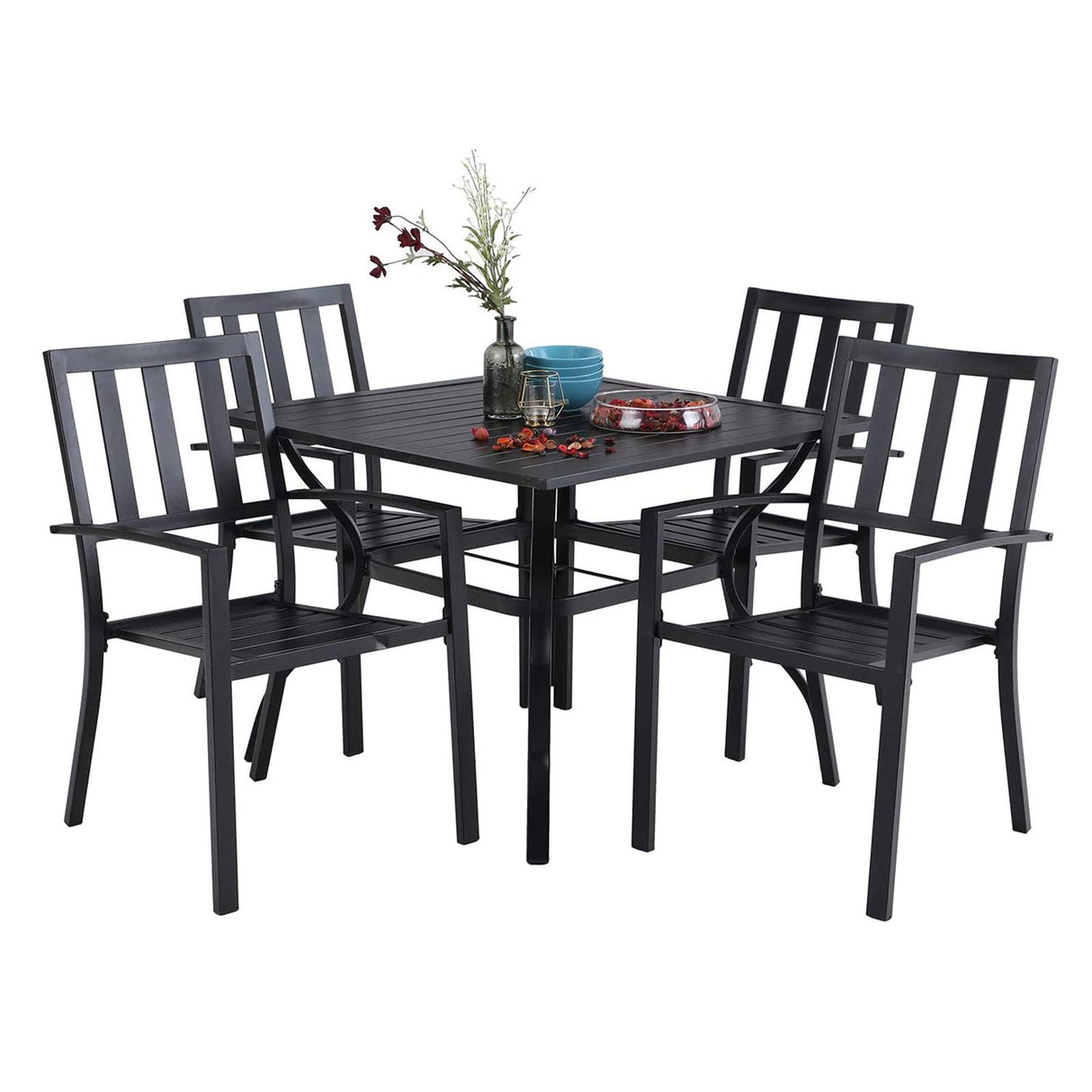 5 Piece Metal Patio Dining Set 37" Square Patio Bistro Table and Garden Backyard Chairs - Umbrella Hole 1.57"