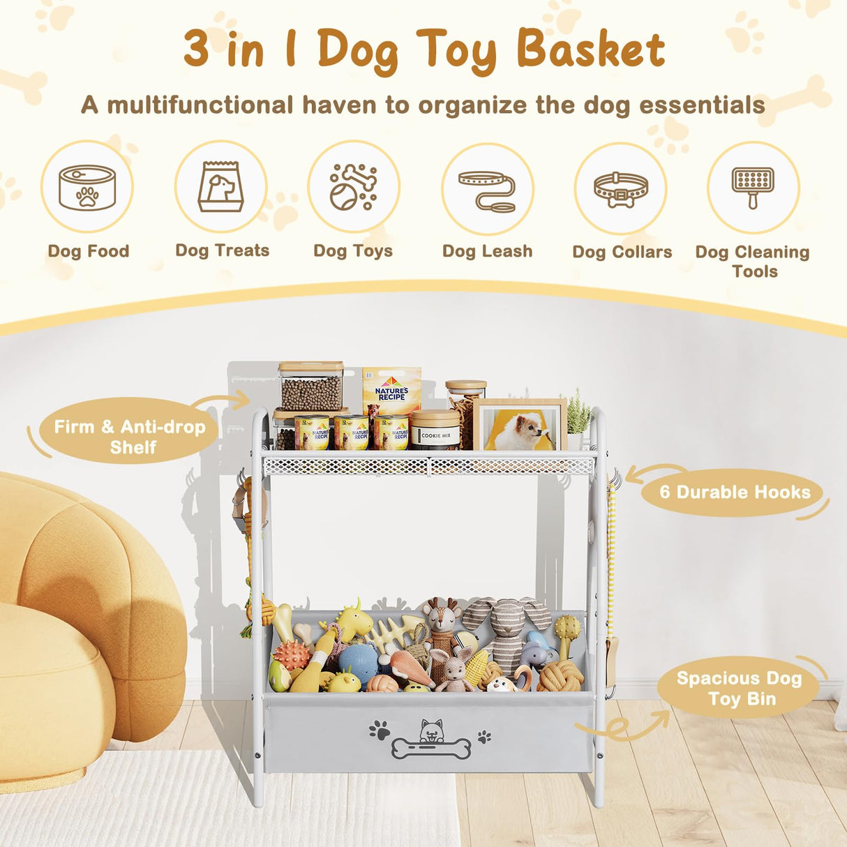 Large Dog Toy Storage Basket with Shelf & Hooks - 23.6" Organizer