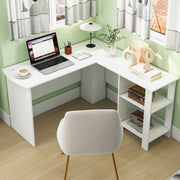 White L Shaped Desk with Storage Shelves, Wooden Corner Computer Desk