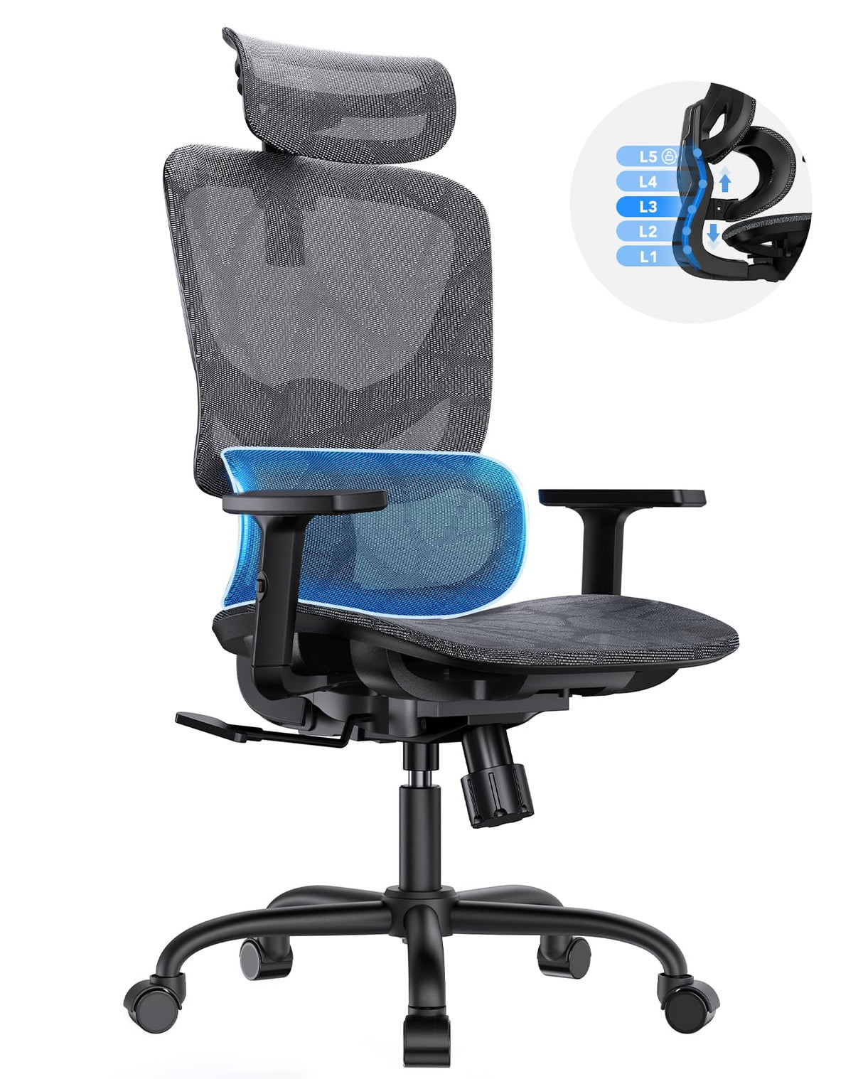 Mesh Office Chair, High Back Desk Chair with 5-Level Lumbar Support, Adjustable Headrest, Armrests, Rocking Tilt, Computer Mesh Chair for Home Office Gaming