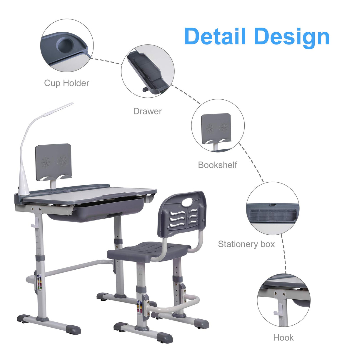 SMAGREHO Kids' Desk and Chair Set, Height Adjustable Child's School Study Writing Tables with Tilt Desktop, LED Light, Storage Drawer, Book Stand(Grey)