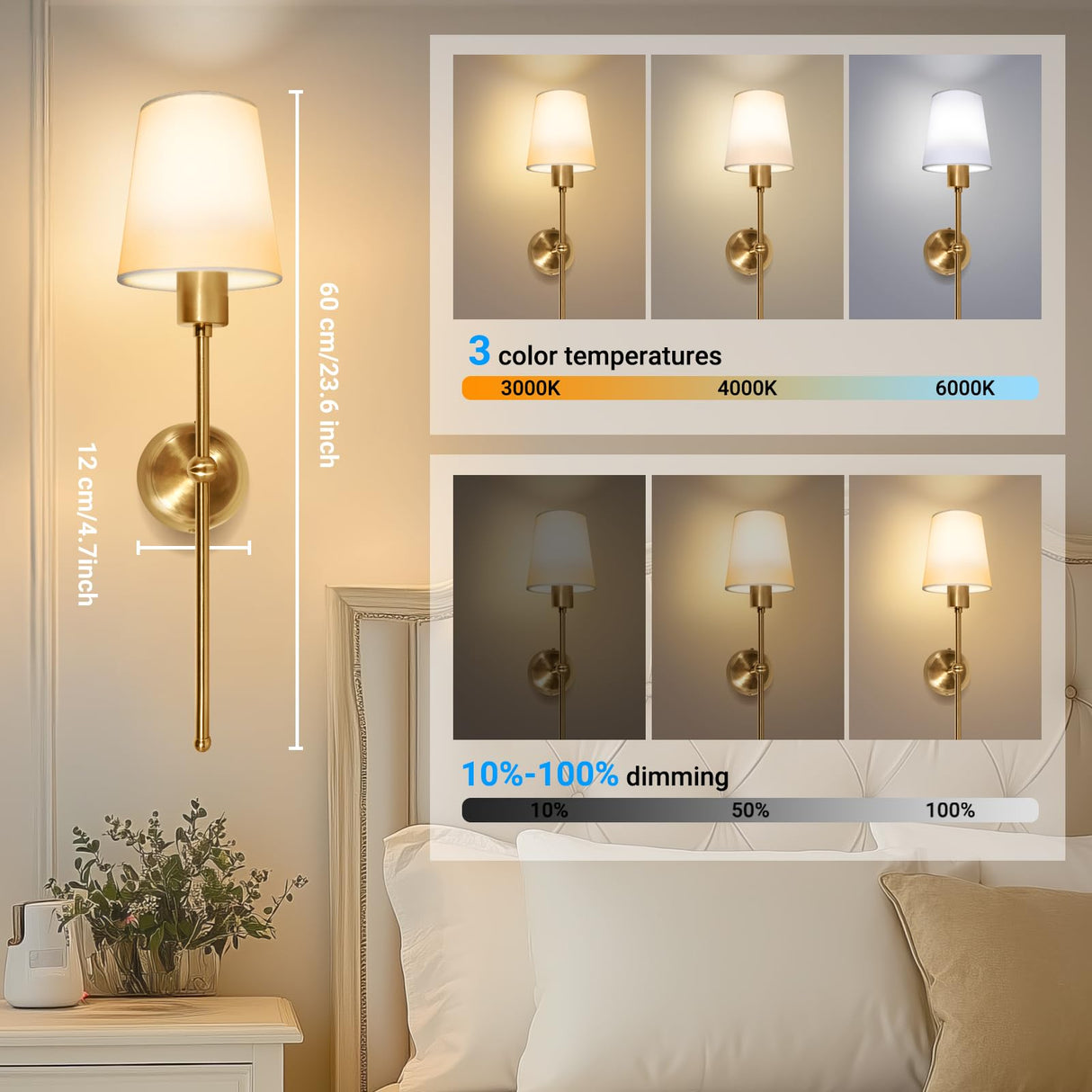 Battery Operated Wall Sconces Set of Two, Rechargeable Wireless Wall Sconces