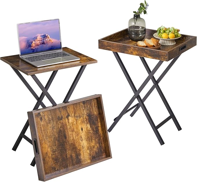 TrayNest Duo Rustic Folding TV Tray Set with Removable Serving Top
