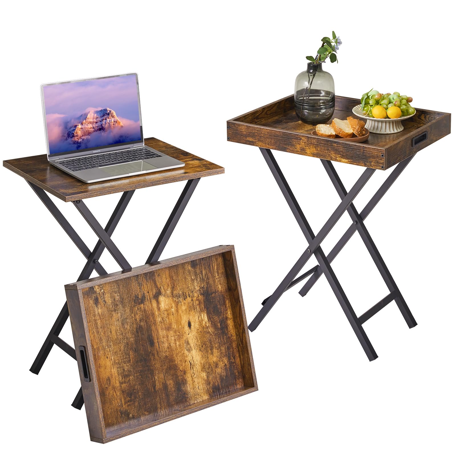TrayNest Duo Rustic Folding TV Tray Set with Removable Serving Top