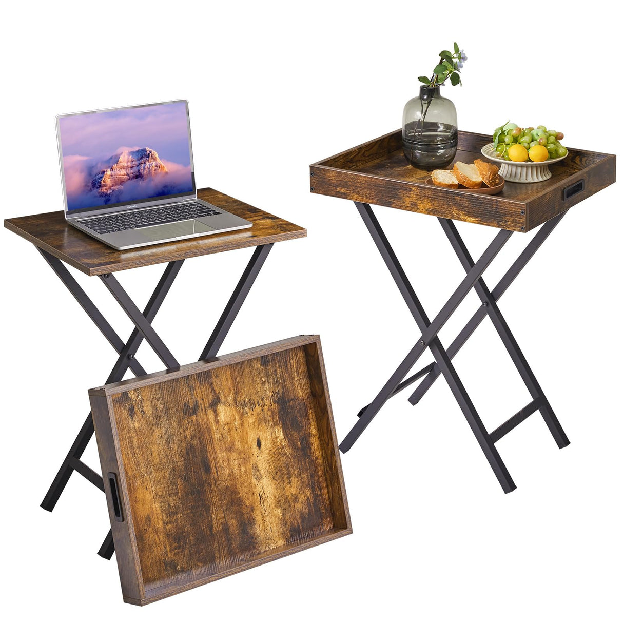TrayNest Duo Rustic Folding TV Tray Set with Removable Serving Top