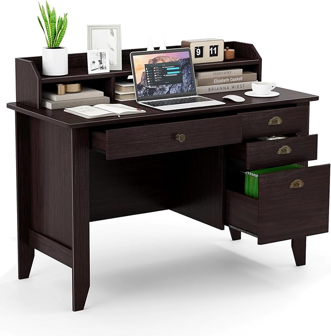 Computer Desk with 4 Storage Drawers and Hutch Wood Executive Table for PC Laptop