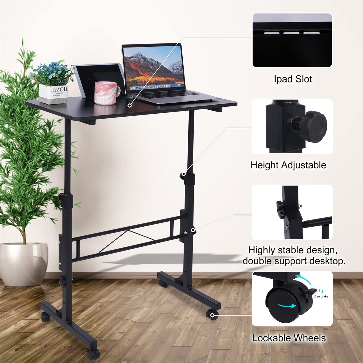 Standing Desk Adjustable Height, Mobile Stand Up Desk with Wheels Small Computer Desk Rolling Desk