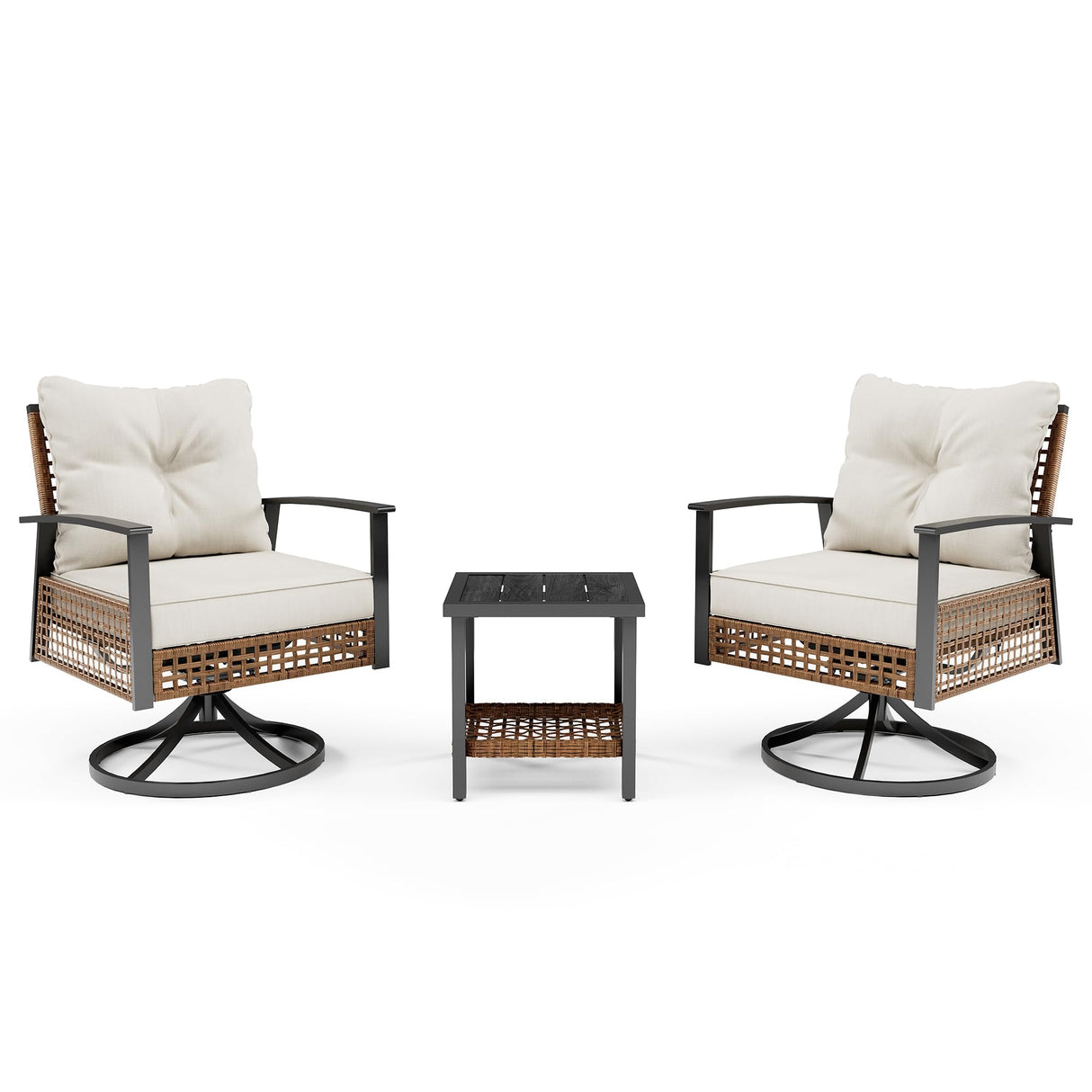 3-Piece Rocking Bistro Set - Wicker Patio Furniture with Cushioned Swivel Chairs