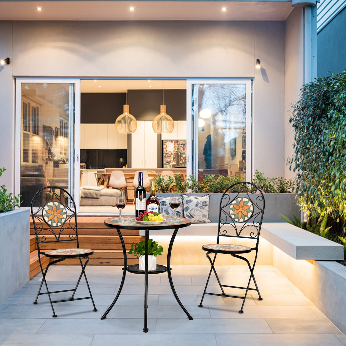 3 Pieces Garden Patio Mosaic Table, Outdoor Bistro Set with Folding Chairs