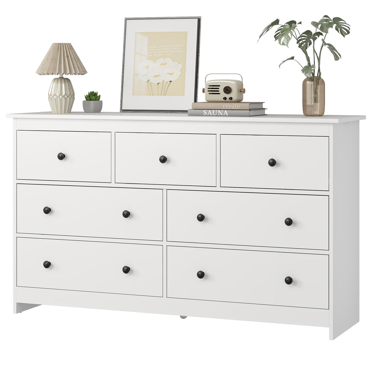 7 Drawer Dresser for Bedroom, 55 Inch White Wooden Large Dresser