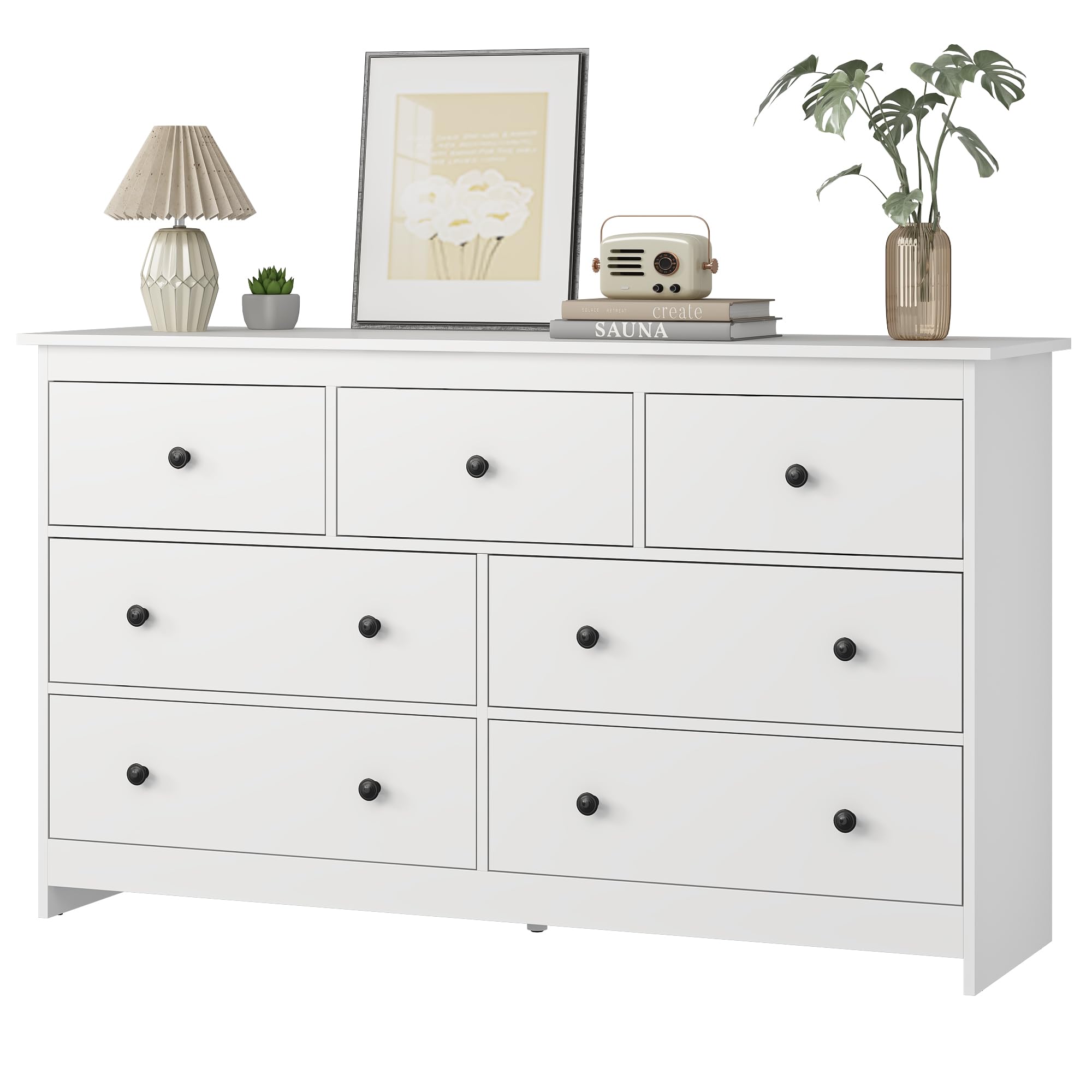 7 Drawer Dresser for Bedroom, 55 Inch White Wooden Large Dresser