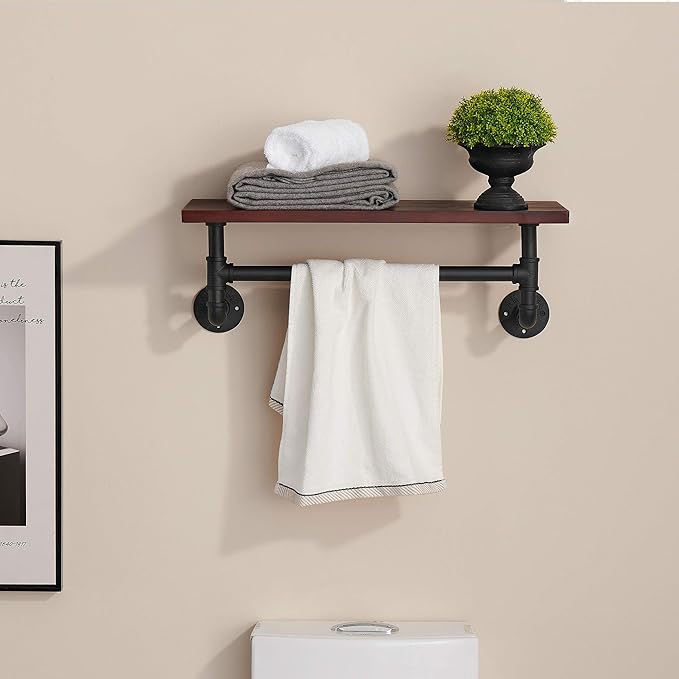 Bathroom Shelves Floating Shelves, 24" Towel Holder Pipe Wall Shelf Rustic Wall