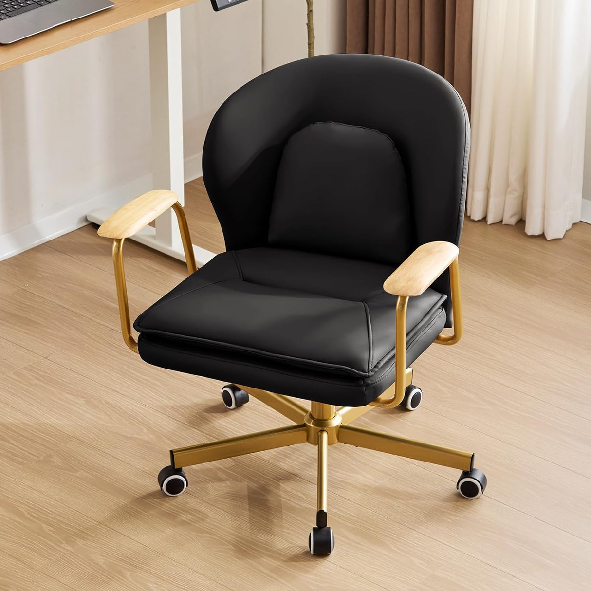 Leather Office Chair with Adjustable Swivel & Golden Legs