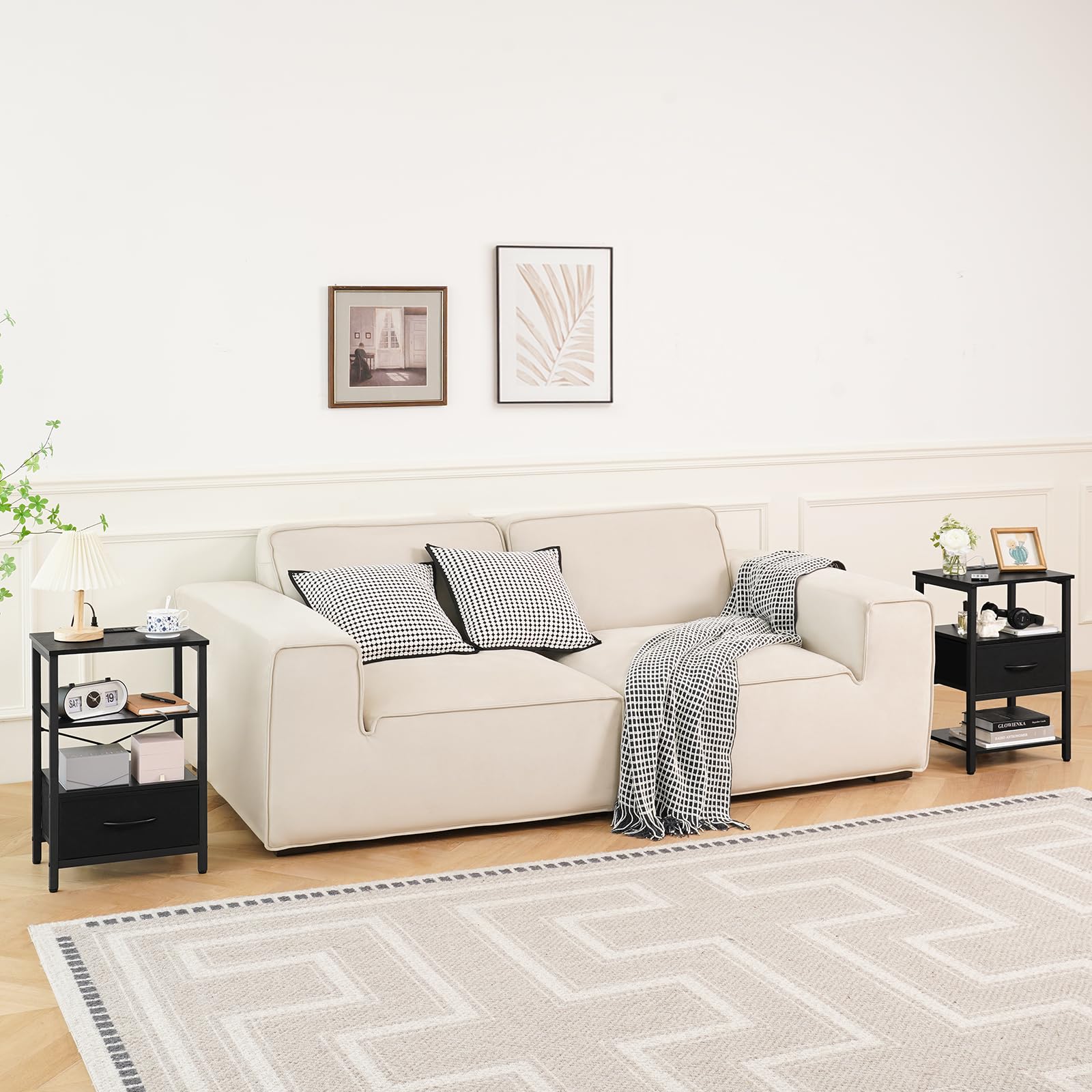 Side Table with Storage, LED Night Stand