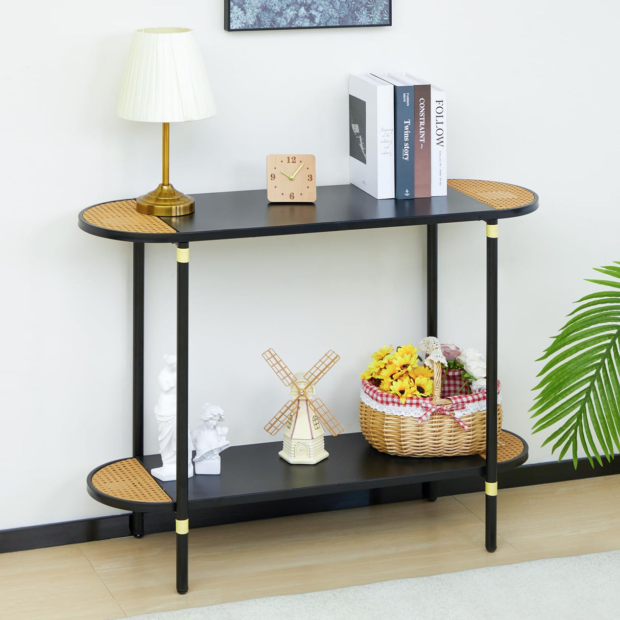 Black Metal Console Table with Rattan Decor, 2-Tier Entryway Table