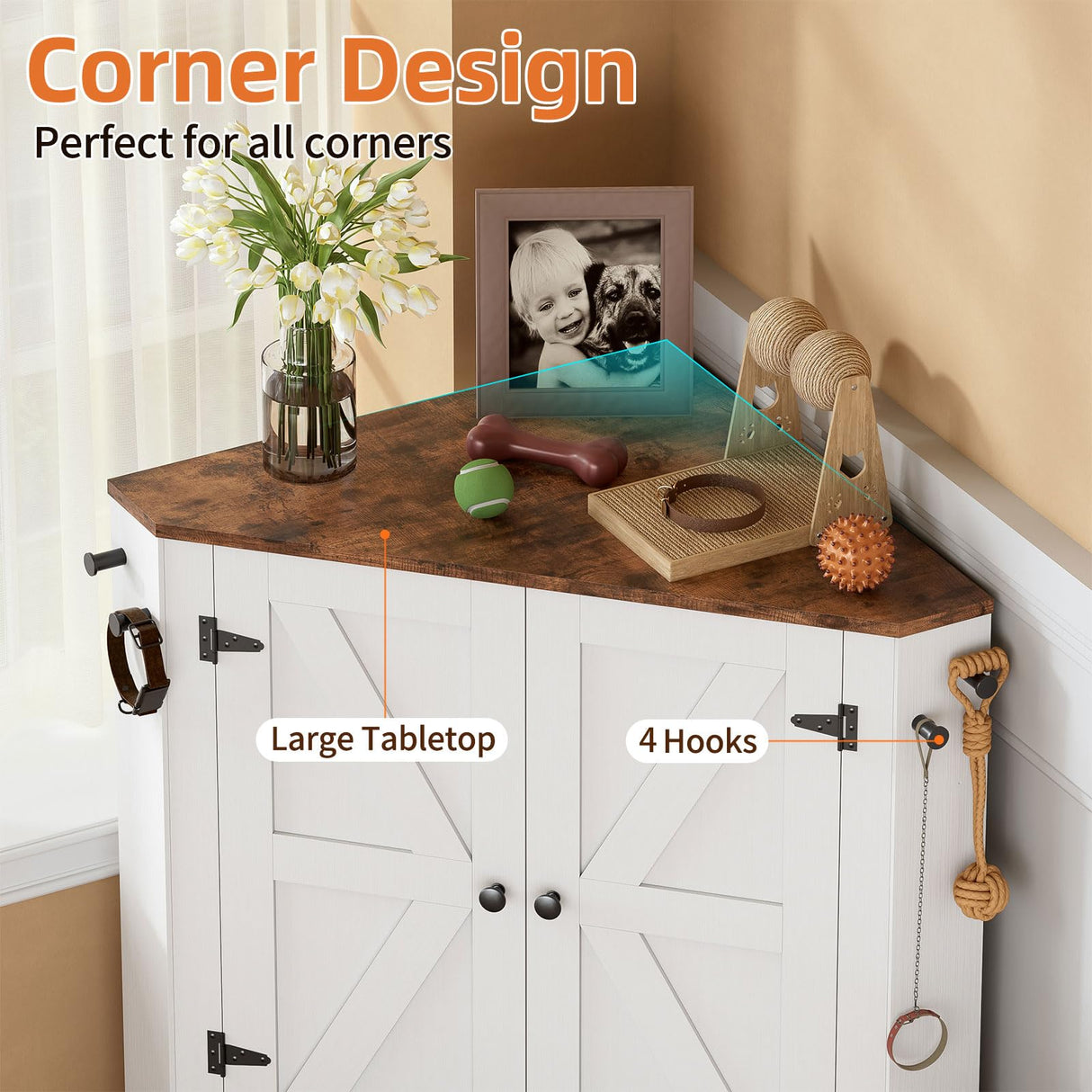 Farmhouse Dog Food Storage Corner Cabinet with Feeding Station