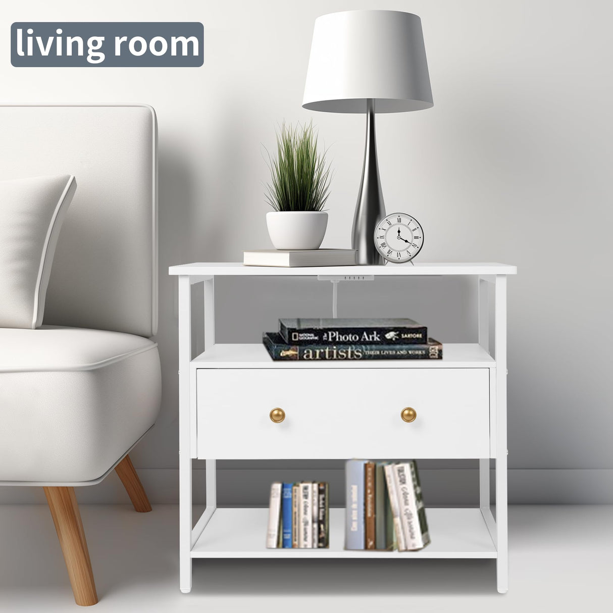 27 inch Nightstand Side Table with 1 Layer of Wooden Drawers,Nightstand with Charging Station