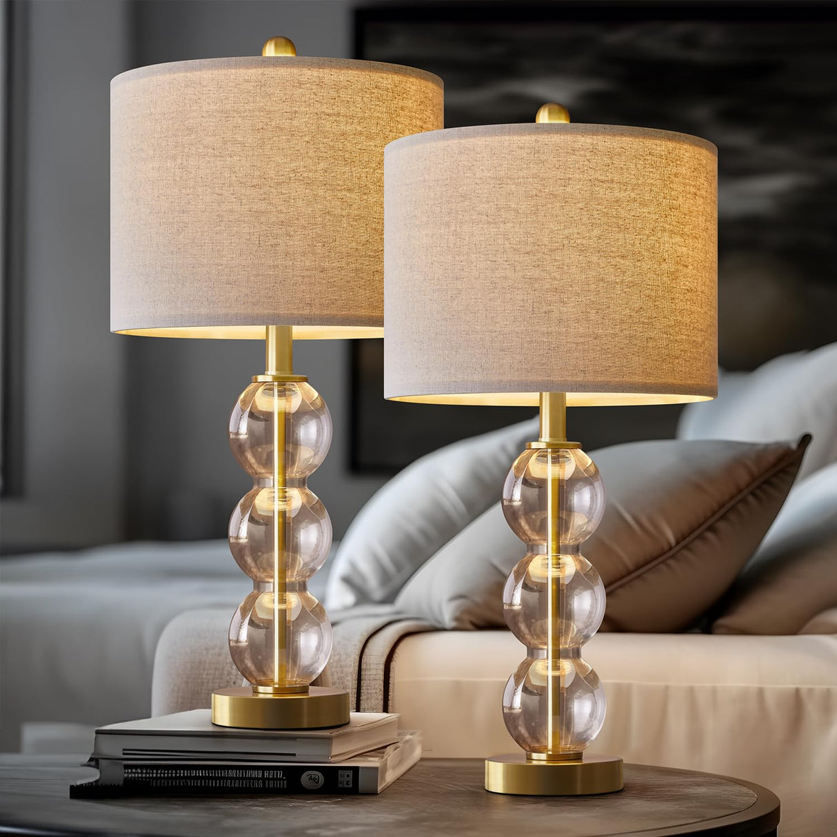 USumkky 24'' Glass Table Lamps Set of 2 for Bedroom Living Room,Gold Glass Bedside Lamps for Nightstands with USB Ports and AC Outlets(Bulbs not Included)