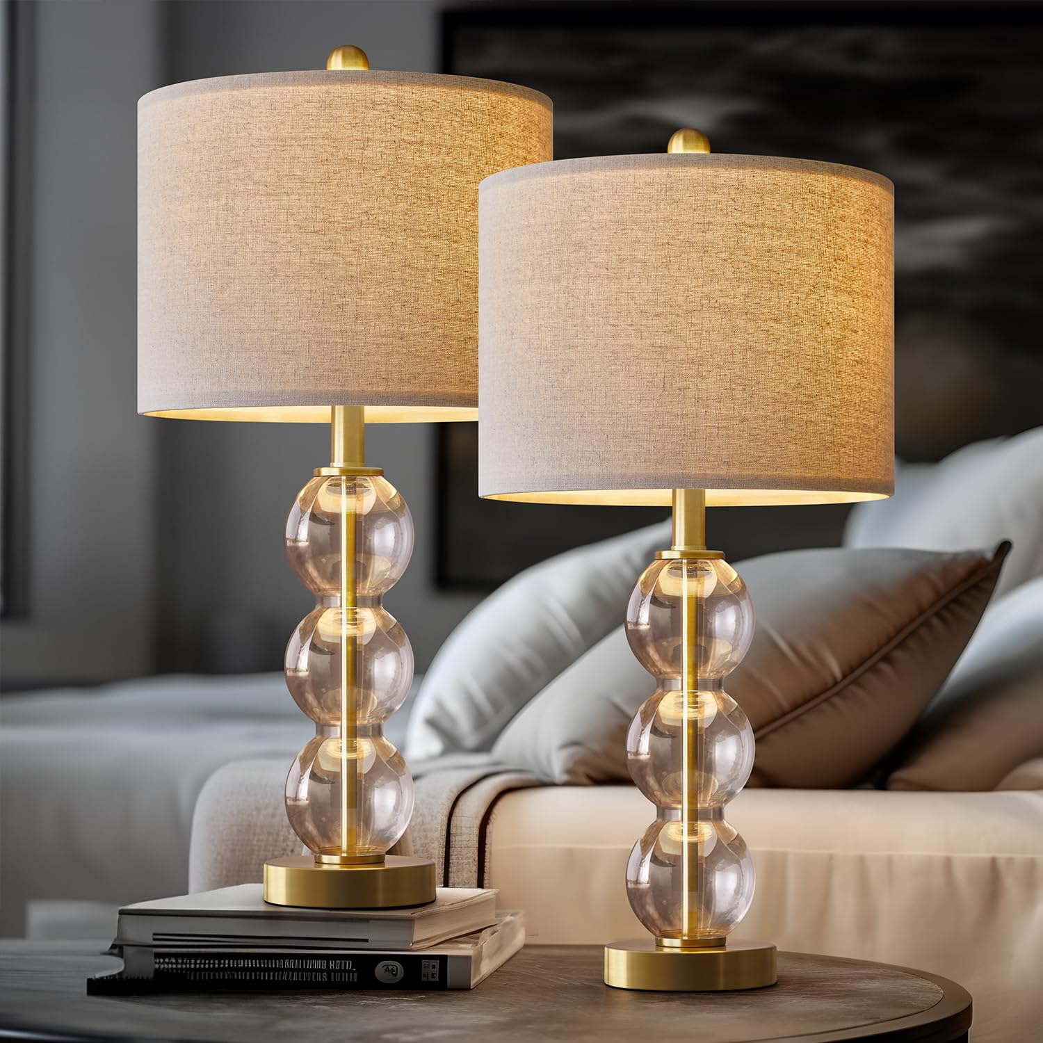 USumkky 24'' Glass Table Lamps Set of 2 for Bedroom Living Room,Gold Glass Bedside Lamps for Nightstands with USB Ports and AC Outlets(Bulbs not Included)