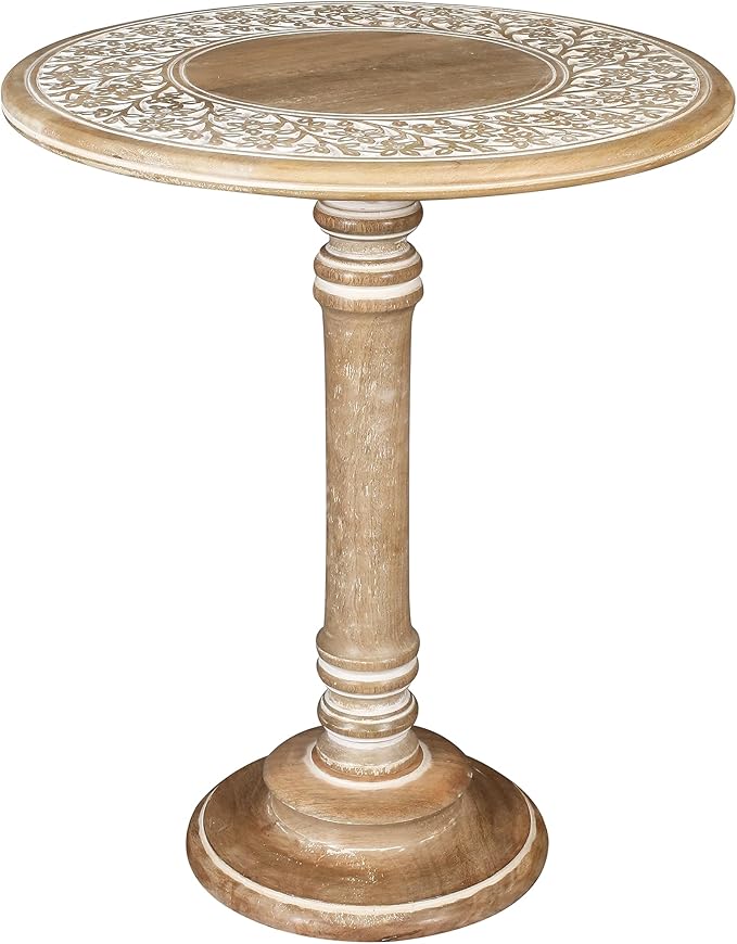 Hand-Carved Wooden Pillar Table - Small Side End Table, Elegant Entry & Living Room