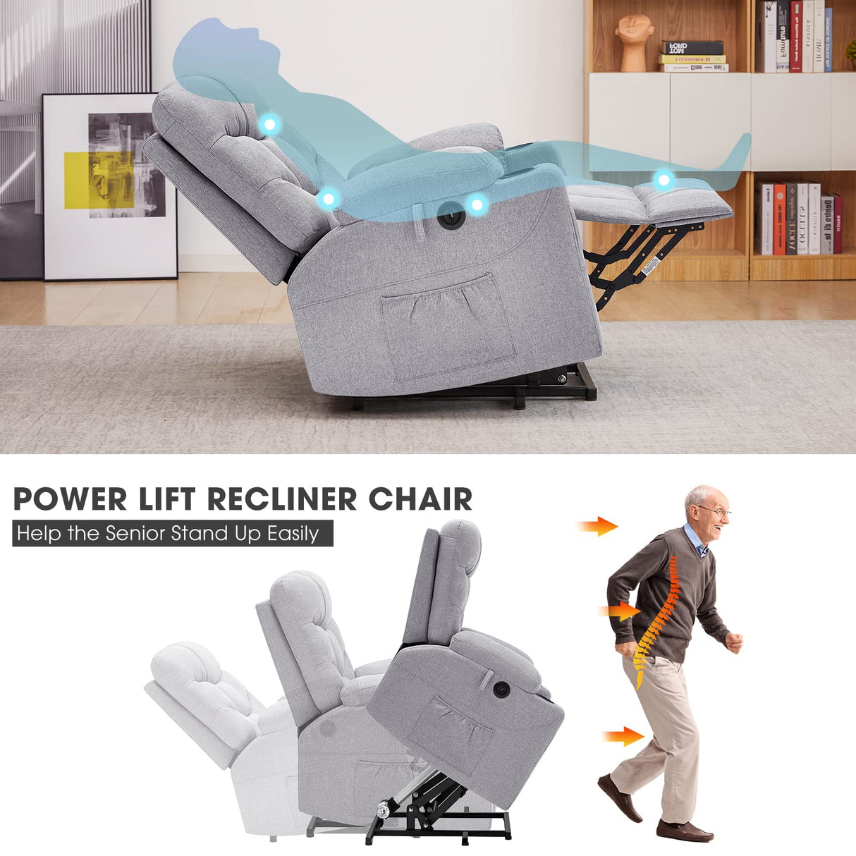 RelaxMate PowerLift Recliner Chair for Seniors – Massage + Heat, Silent Motor, Linen Fabric