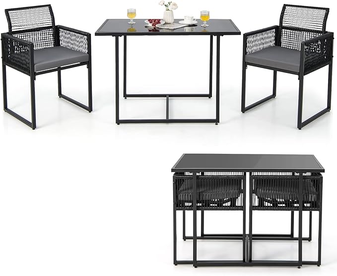 3 Pieces Outdoor Dining Set, Patio PE Rattan Furniture Set with Folding Backrest