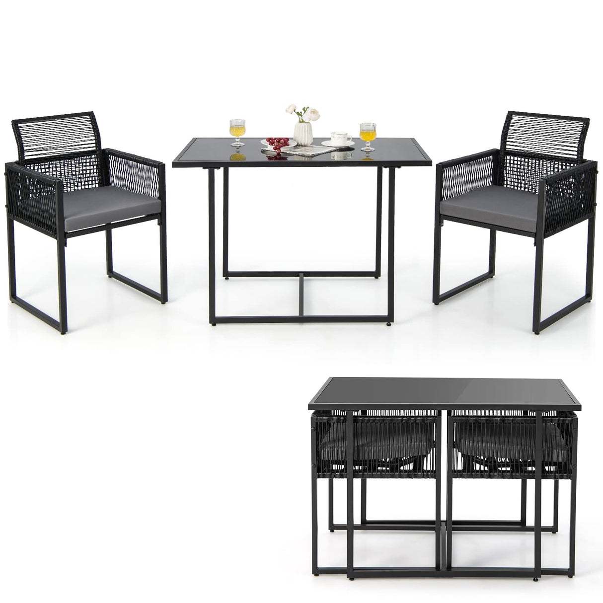 3 Pieces Outdoor Dining Set, Patio PE Rattan Furniture Set with Folding Backrest