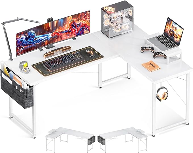 L Shaped Computer Desk with Storage Bag, 57.5 Inch Reversible Gaming Desk, Home