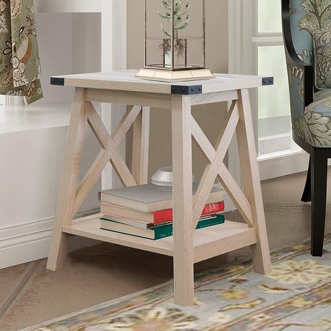 Side Table End Table for Living Room, Farmhouse Accent Wood Nightstand for Bedroom