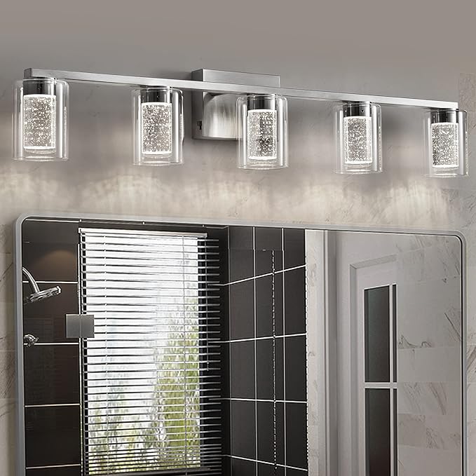 Brushed Nickel Vanity Lights, 3-Light Bathroom Light Fixtures, Crystal LED Bathroom